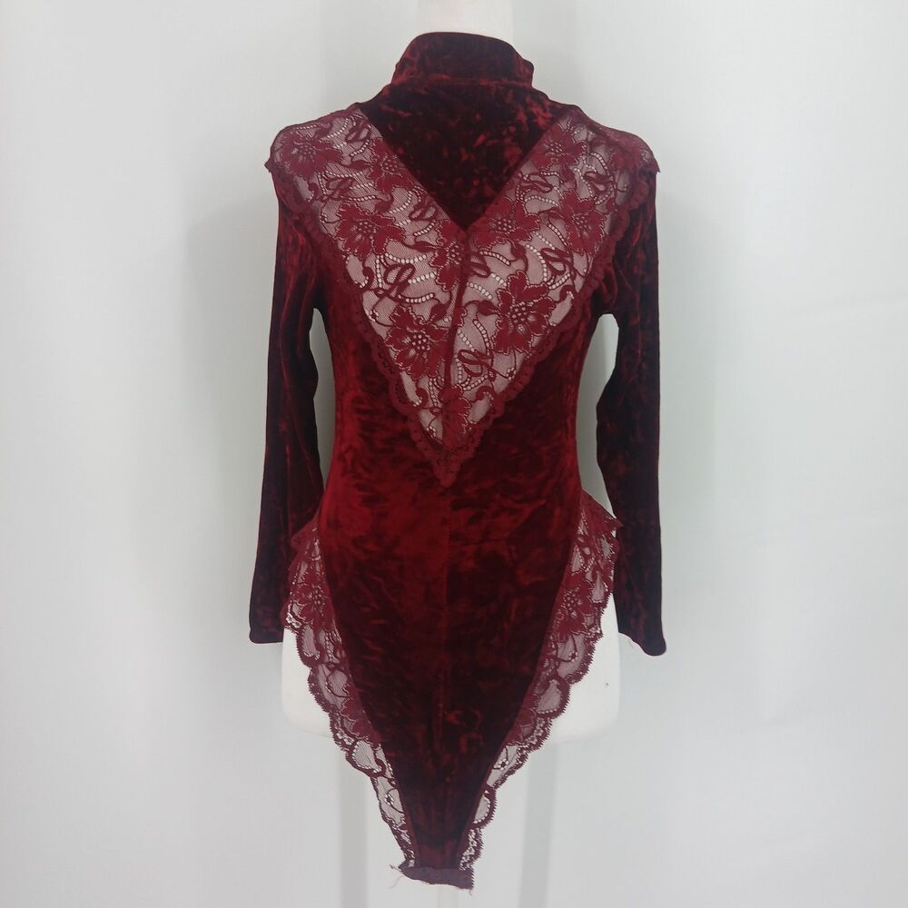 Vintage Burgundy Velvet Lace Trim Bodysuit Made in France Womens size Small
